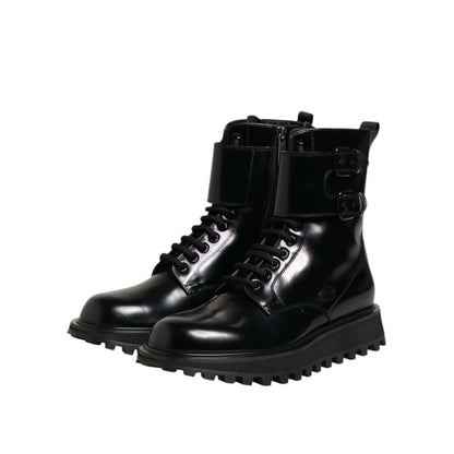 Dolce & Gabbana Black Leather Lace Up Mid Calf Boots Shoes