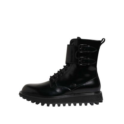 Dolce & Gabbana Black Leather Lace Up Mid Calf Boots Shoes