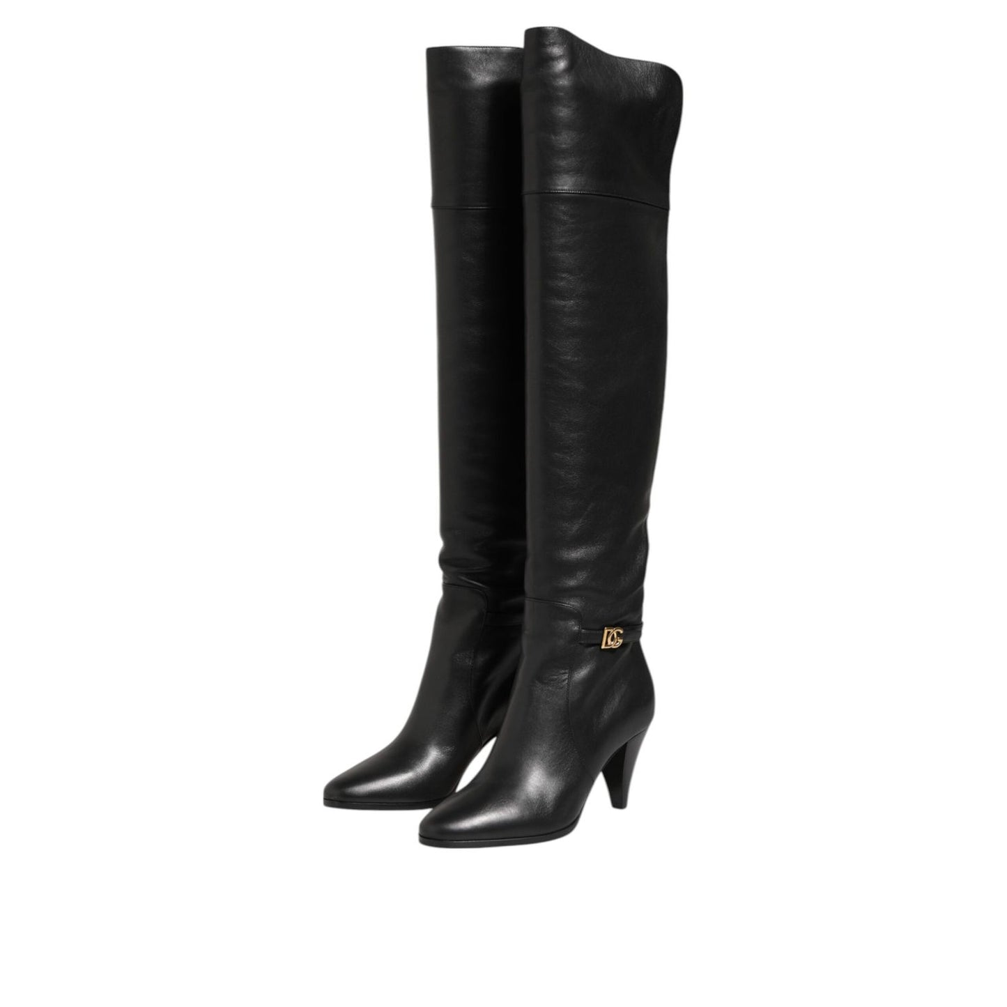 Dolce & Gabbana Black Leather Over-The-Knee DG Boots Shoes