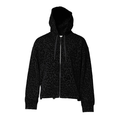 Dolce & Gabbana Black Leopard Full Zip Hooded Sweatshirt Sweater in cotton with leopard pattern, regular fit, made in Italy.