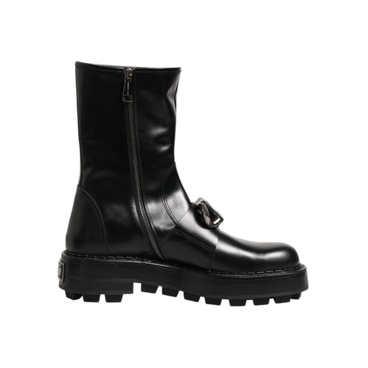 Dolce & Gabbana Black Logo Plaque Mid Calf Biker Boots Shoes
