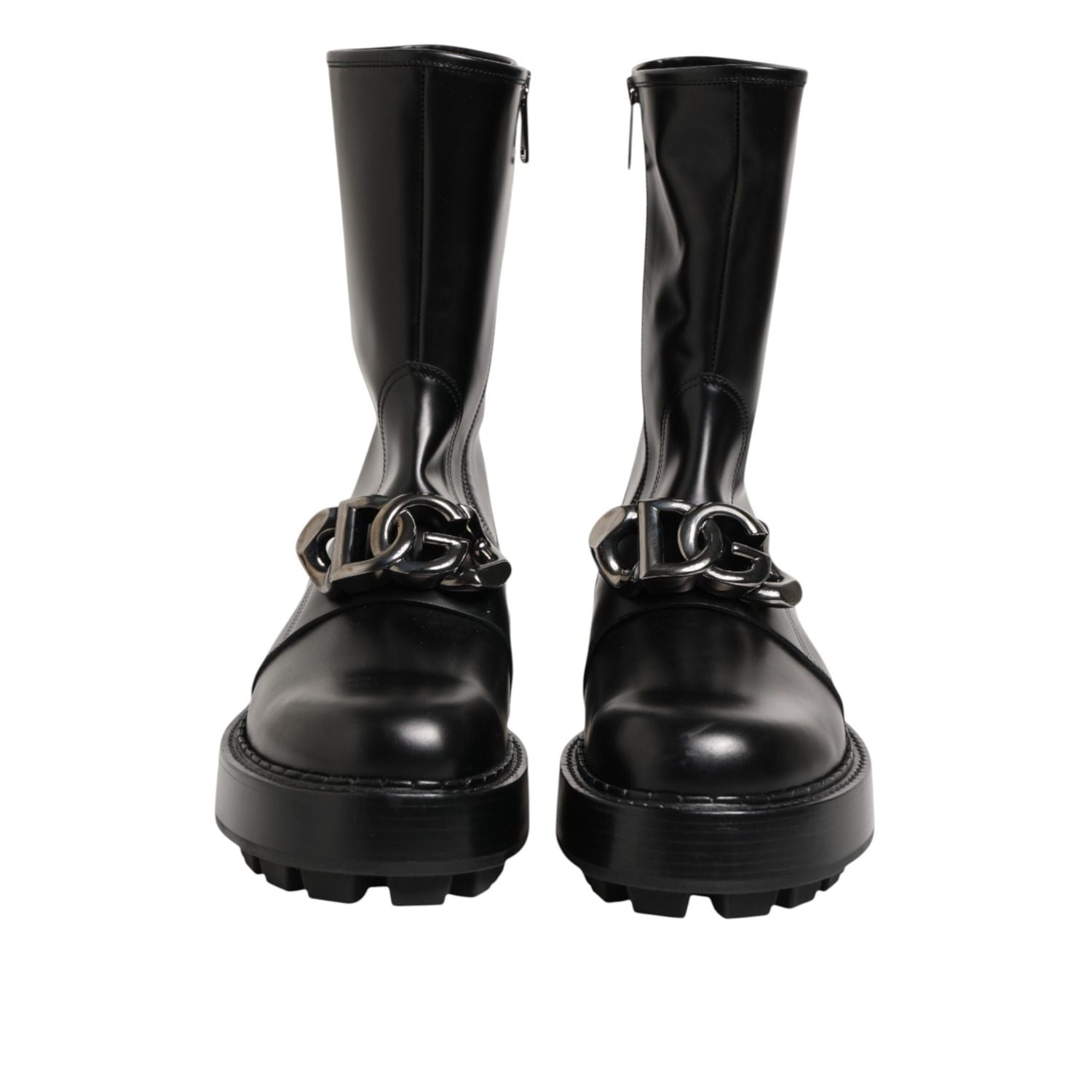 Dolce & Gabbana Black Logo Plaque Mid Calf Biker Boots Shoes