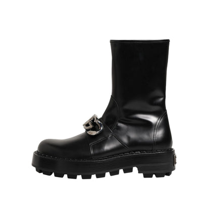 Dolce & Gabbana Black Logo Plaque Mid Calf Biker Boots Shoes