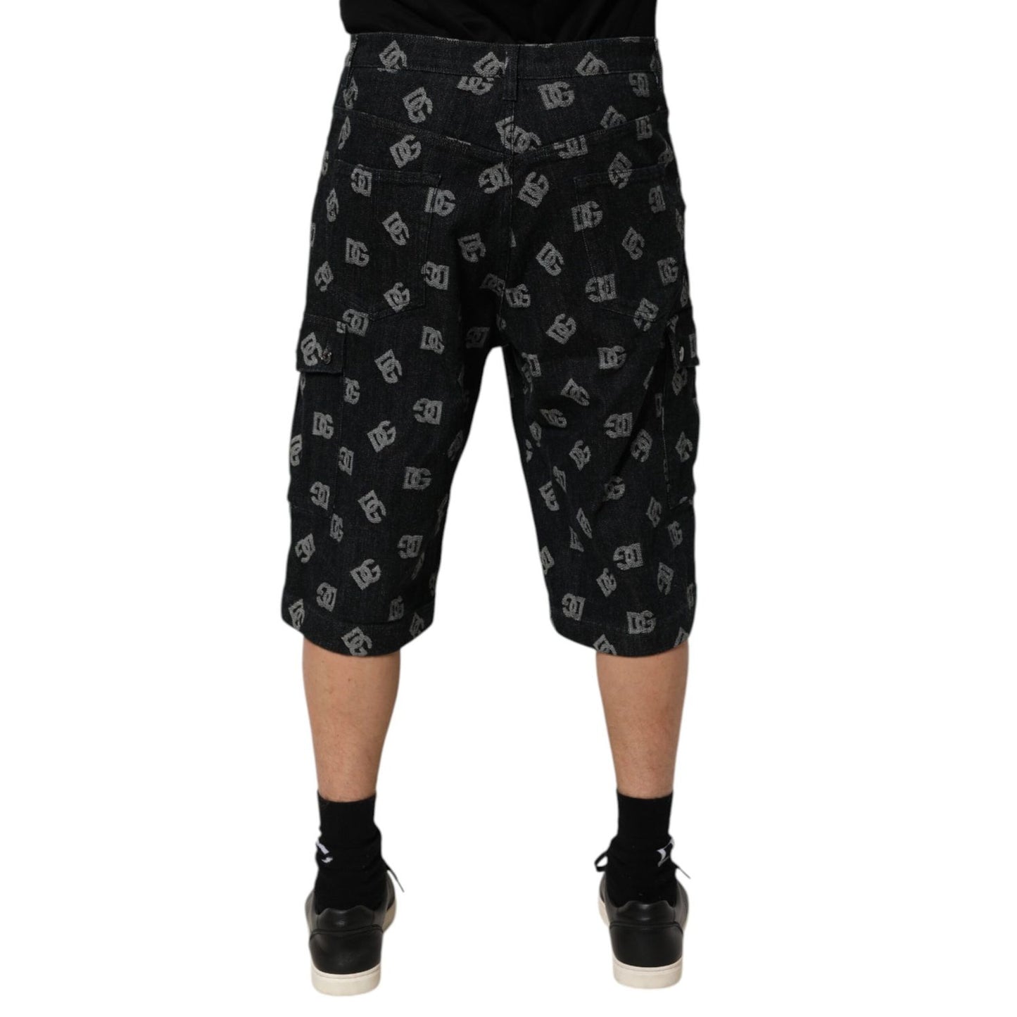Dolce & Gabbana Black Monogram Denim Cargo Men Bermuda Short