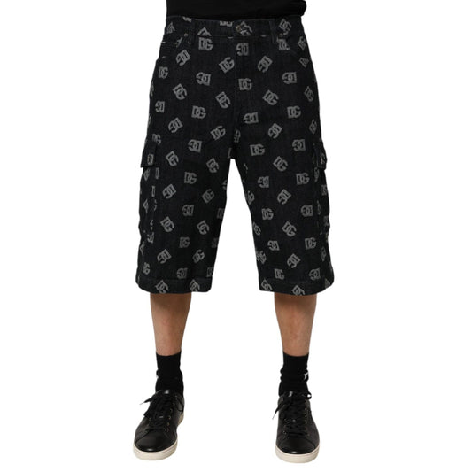 Dolce & Gabbana Black Monogram Denim Cargo Men Bermuda Short with signature logo and cargo pockets.