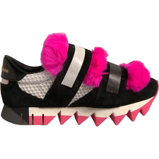 Dolce & Gabbana Black Pink Fur Embellished Sneakers Shoes