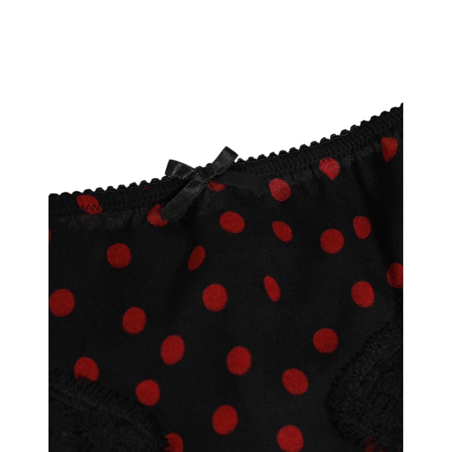 Dolce & Gabbana Black Polka Dotted Silk Low Waist Panty Underwear with red dots and bow, luxury stretch silk details.