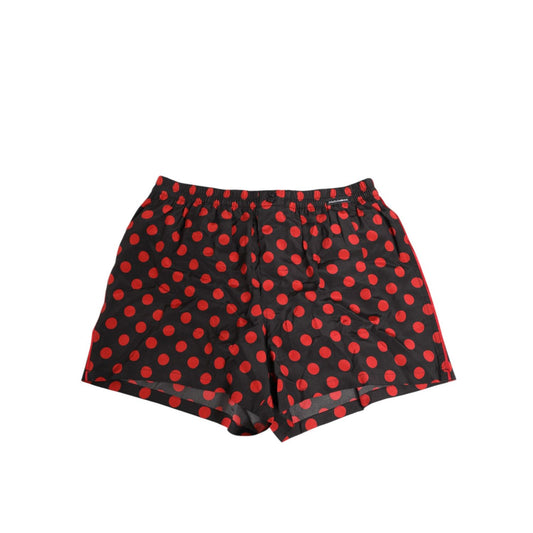 Dolce & Gabbana Black Silk Polka Dot Boxer Shorts Men Underwear with red dots, elastic waistband, 100% silk for comfort and style.