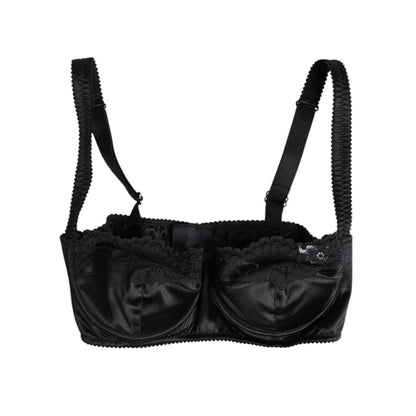 Dolce & Gabbana Black Silk Underwired Balconette Bra Underwear with semi pad design, made in Italy, featuring logo details and four hook closure.