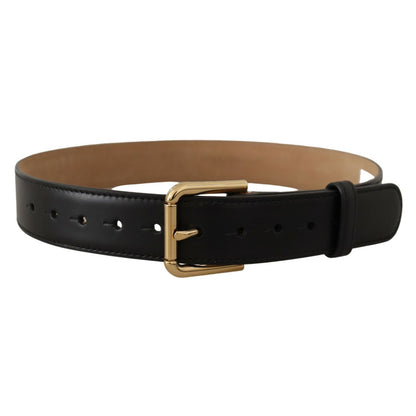 Dolce & Gabbana Black Solid Leather Classic Gold Waist Buckle Belt