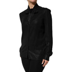 Dolce & Gabbana Black Viscose Long Sleeve Tie Neck Blouse Top with feminine bow and button front closure.