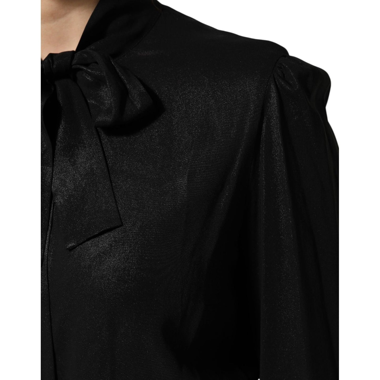Dolce & Gabbana Black Viscose Long Sleeve Tie Neck Blouse Top with tie-neck bow and button closure.