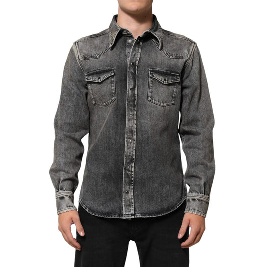 Dolce & Gabbana Black Washed Cotton Snap Long Sleeve Casual Shirt with western-style design and chest flap pockets.