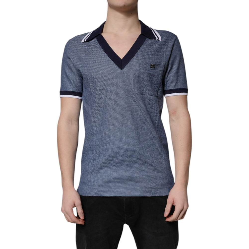 Dolce & Gabbana Blue Collared V-neck Silk Blend Polo T-shirt with short sleeves on a model.