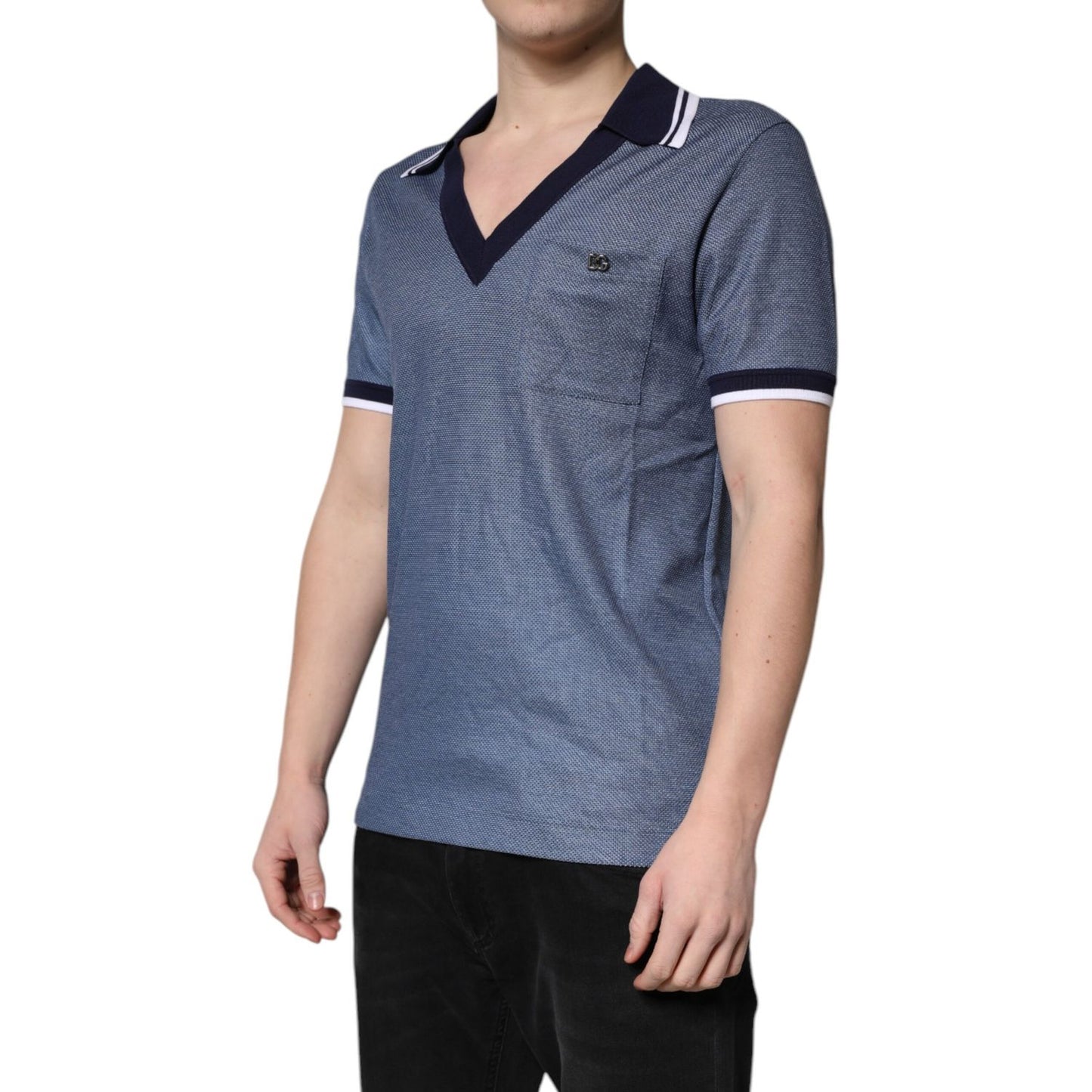 Dolce & Gabbana Blue Collared V-neck Silk Blend Polo T-shirt on model, showcasing sleek design crafted from luxurious silk blend.