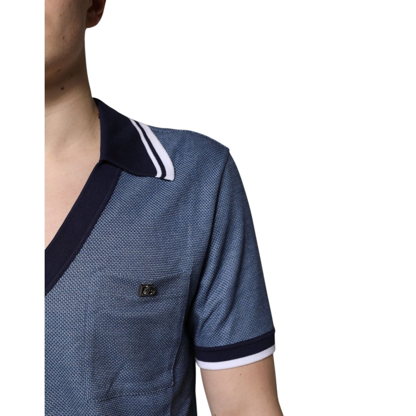Dolce & Gabbana Blue Collared V-neck Silk Blend Polo T-shirt with short sleeves, showcasing Italian style and premium craftsmanship.