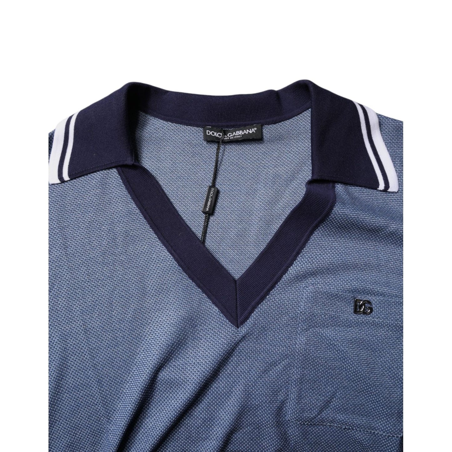Dolce & Gabbana Blue Collared V-neck Silk Blend Polo T-shirt with logo detail, crafted from luxurious silk and cotton blend.