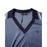 Dolce & Gabbana Blue Collared V-neck Silk Blend Polo T-shirt with logo detail, crafted from luxurious silk and cotton blend.