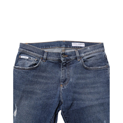 Dolce & Gabbana Blue Cotton Logo Plaque Skinny Men Denim Jeans