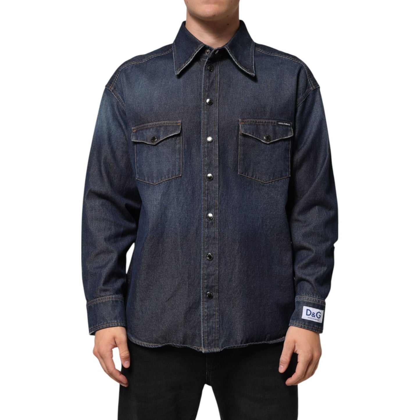 Dolce & Gabbana Blue Denim Button Casual Logo Patch Men Shirt