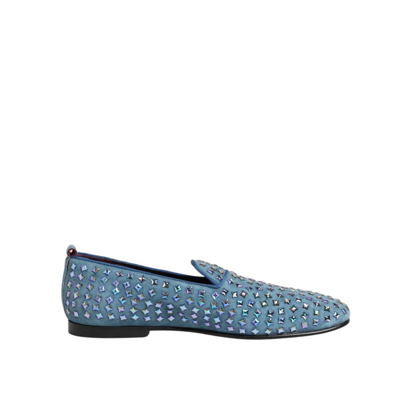 Dolce & Gabbana Blue Suede Studded Dress Men Loafers Shoes, luxury studded loafers in premium blue suede, side view.
