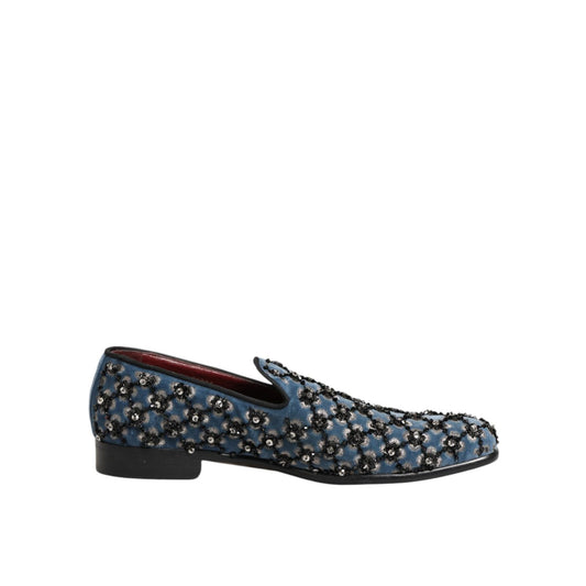 Dolce & Gabbana Blue Velvet Crystal Detailing Loafer Men Shoes with intricate embellishments for a luxurious and elegant style.