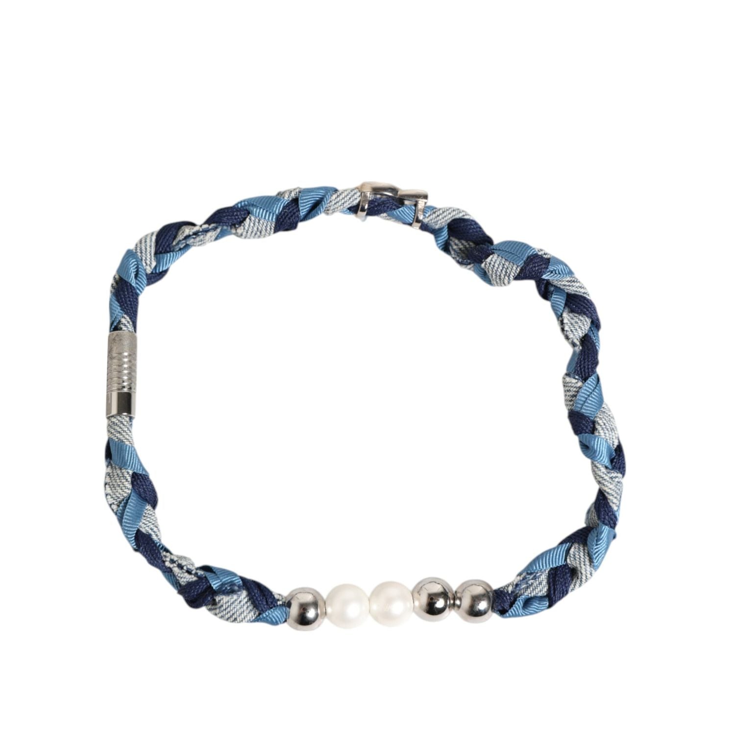 Dolce & Gabbana Blue White Braided Silver Metal Logo Beaded Men Bracelet