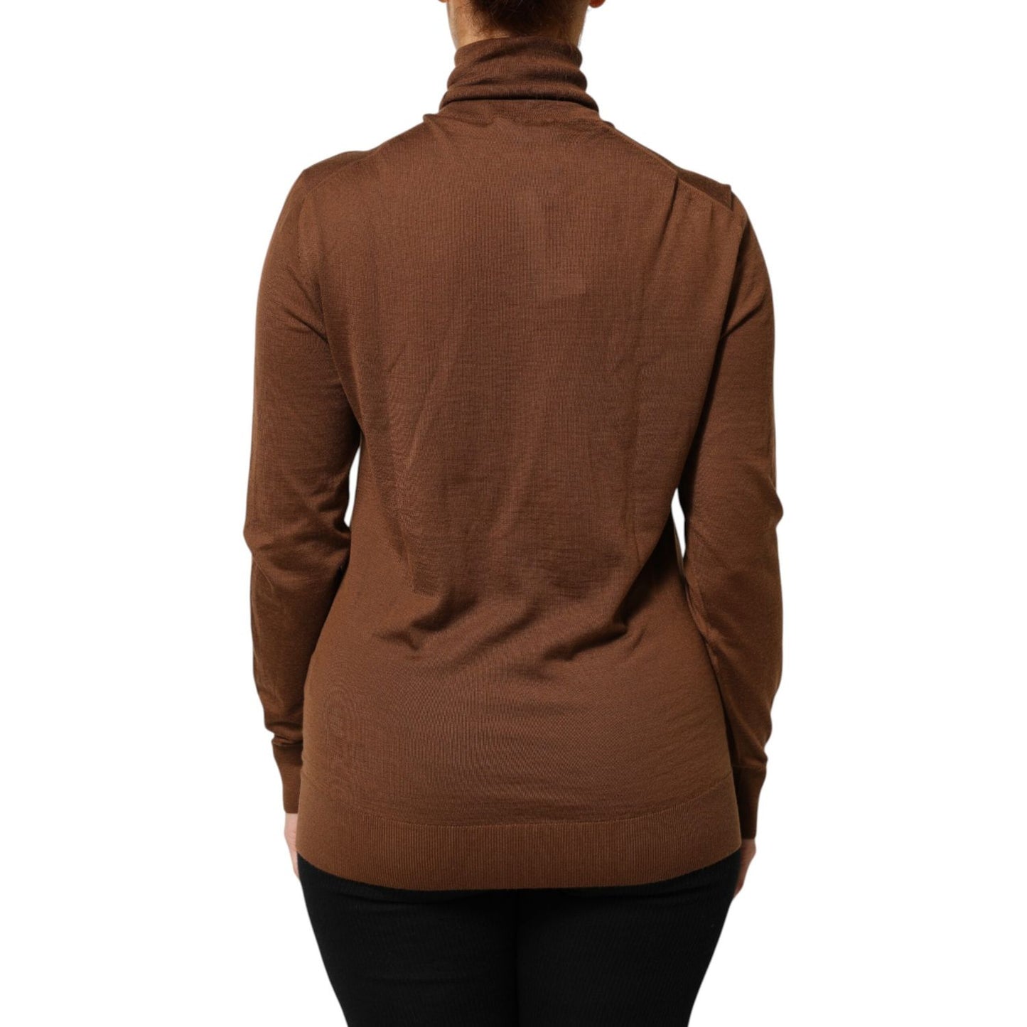 Back view of Dolce & Gabbana Brown Cashmere Turtle Neck Pullover Sweater showcasing turtleneck, slim fit, and long sleeves for cold weather comfort.