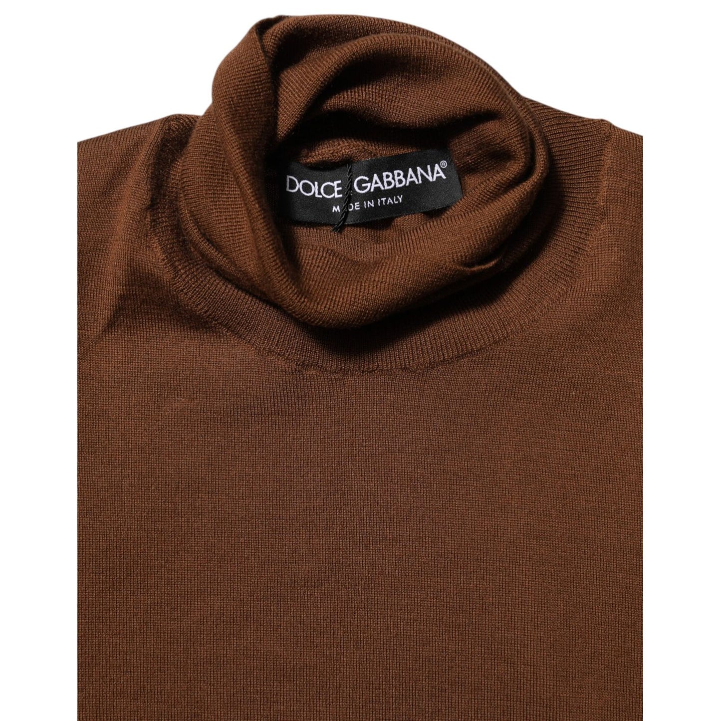 Dolce & Gabbana Brown Cashmere Turtle Neck Pullover Sweater with label showing, featuring soft texture and classic design.