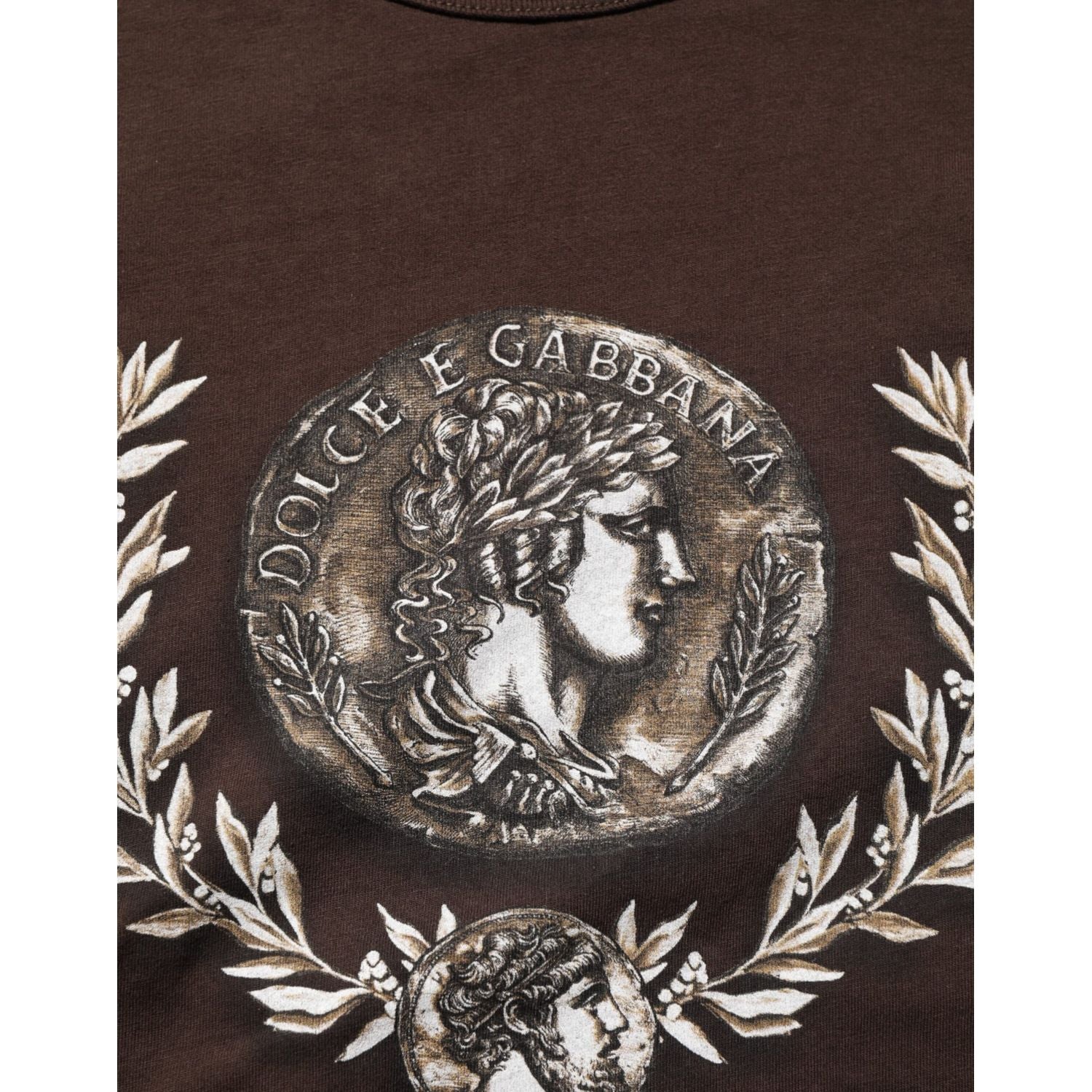 Dolce & Gabbana Brown Coin Laurel Print Men Crew Neck T-shirt