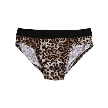 Dolce & Gabbana Brown Cotton Leopard Logo Midi Brief Underwear