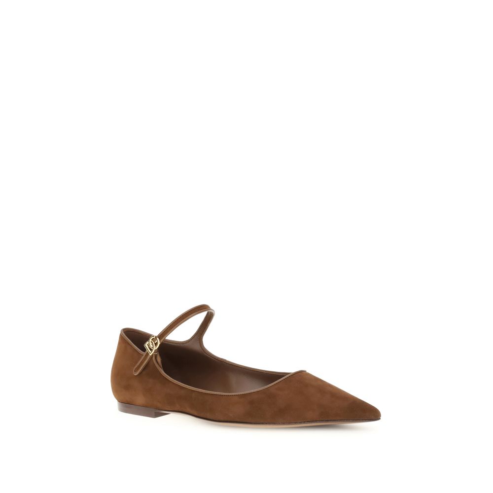 Dolce & Gabbana Brown Goatskin Ballet Flats with gold crisscross logo, suede finish, leather trim, and durable one-piece sole.