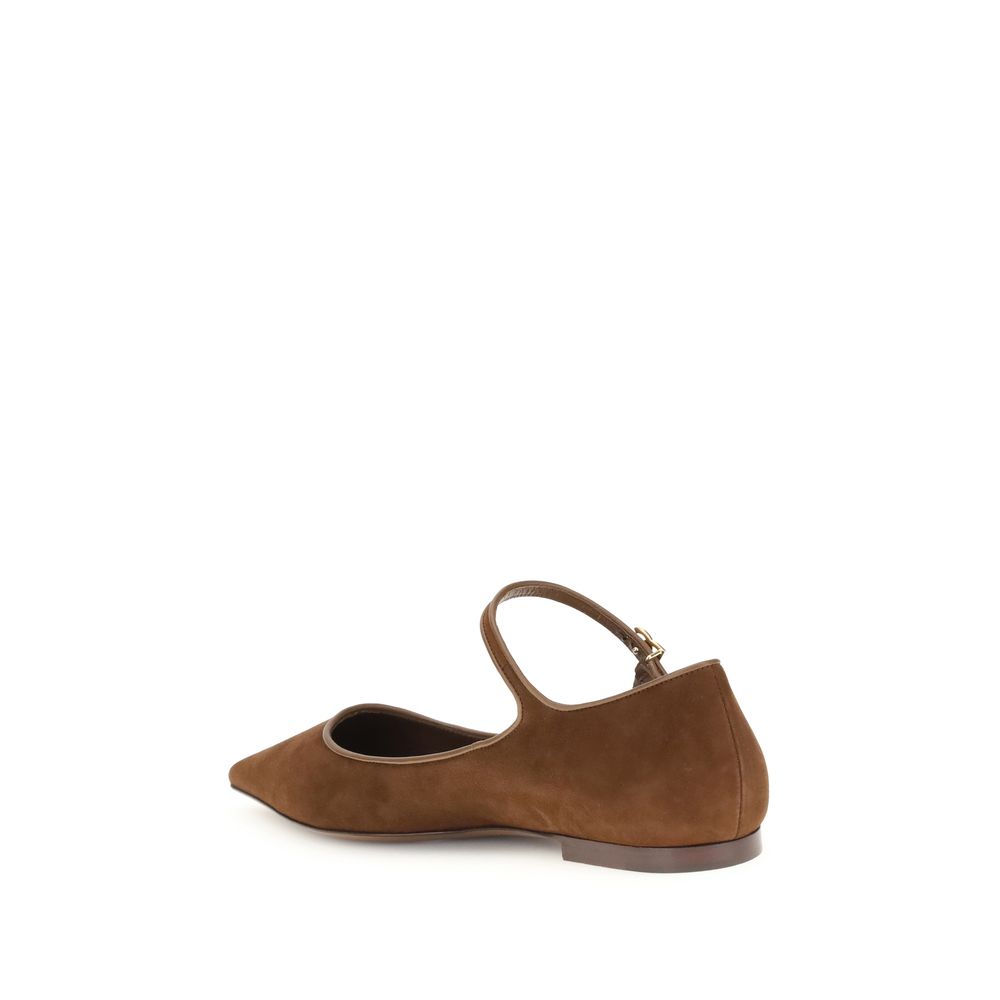 Dolce & Gabbana Brown Goatskin Ballet Flats with suede finish and leather trim, featuring a durable one-piece leather sole and gold DG logo.