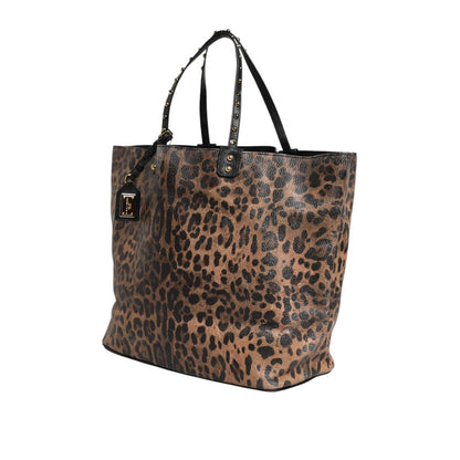 Dolce & Gabbana Brown Leopard BEATRICE Leather Logo Plaque Tote Bag