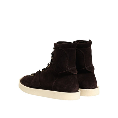 Dolce & Gabbana Brown Suede Lace Up Ankle Short Boots Shoes displaying side and back view with cream sole.
