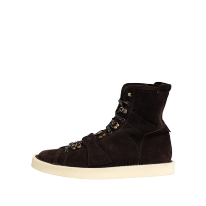 Dolce & Gabbana Brown Suede Lace Up Ankle Short Boots Shoes with white sole and stylish lace design.