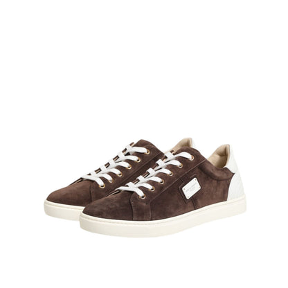 Dolce & Gabbana Brown Suede Leather Low Top Men Sneakers Shoes with white soles and laces, featuring a stylish and elegant design.