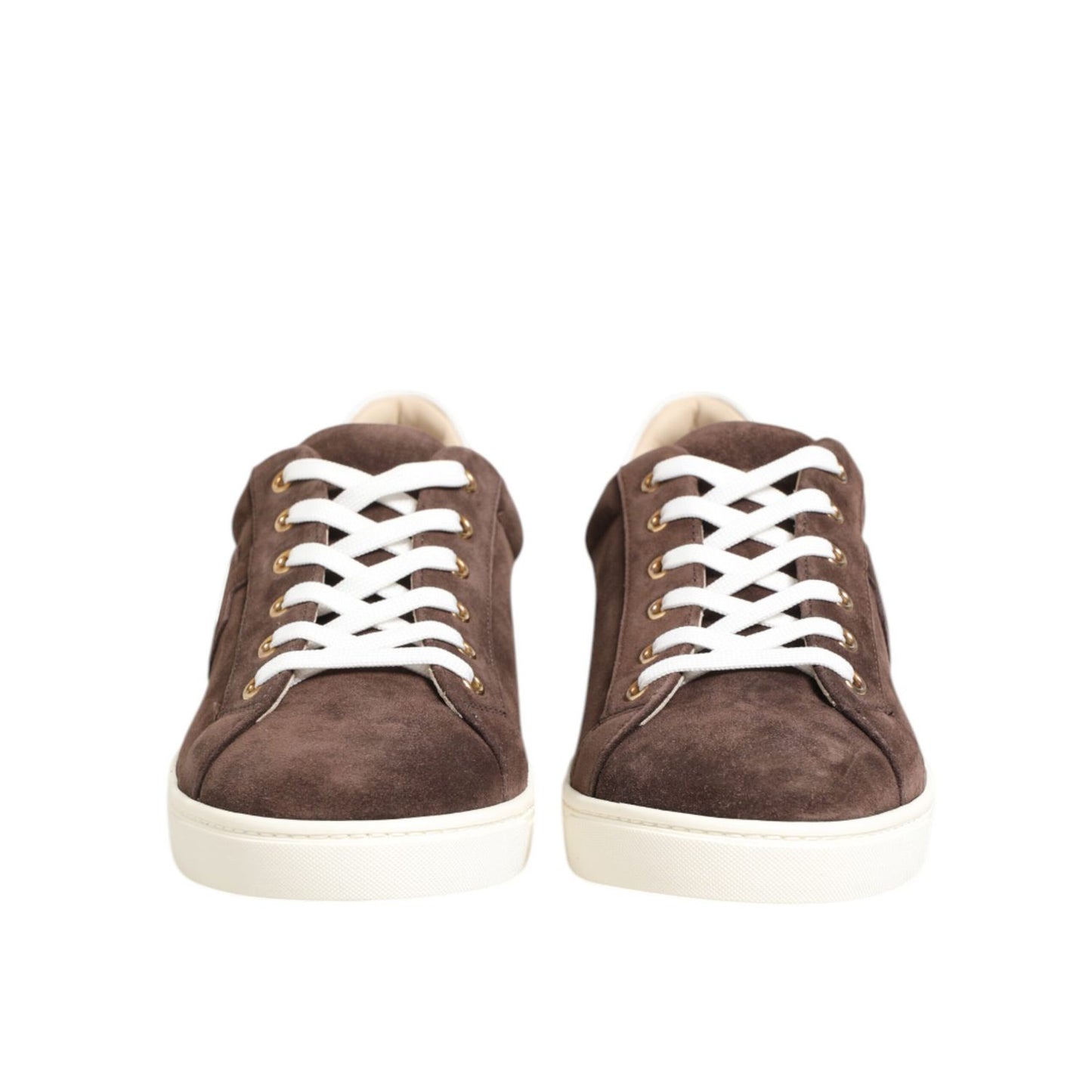 Dolce & Gabbana Brown Suede Leather Low Top Men Sneakers Shoes, featuring classic lace-up design and rubber sole, front view.