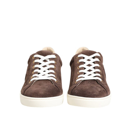 Dolce & Gabbana Brown Suede Leather Low Top Men Sneakers Shoes, featuring classic lace-up design and rubber sole, front view.