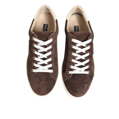 Dolce & Gabbana Brown Suede Leather Low Top Men Sneakers Shoes with lace-up design and rubber sole, perfect for day-to-night wear.