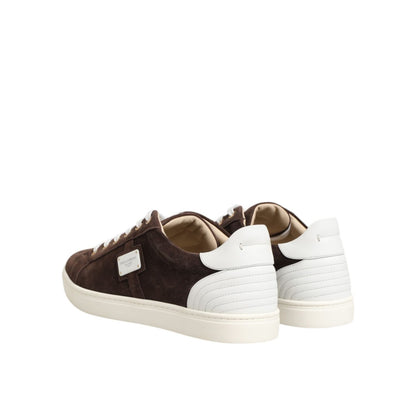Dolce & Gabbana Brown Suede Leather Low Top Men Sneakers Shoes with white rubber sole and classic lace-up design, rear view