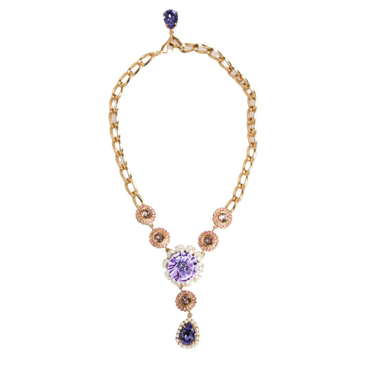 Dolce & Gabbana Gold Brass Crystal Pearl Purple Floral Pendant Jewelry Necklace