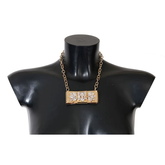 Dolce & Gabbana Gold Brass Necklace with bow motif and crystal embellishments displayed on mannequin