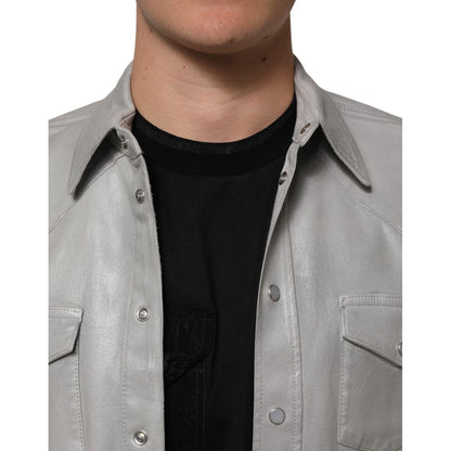 Dolce & Gabbana Gray Coated Cotton Snap Button Logo Men Shirt