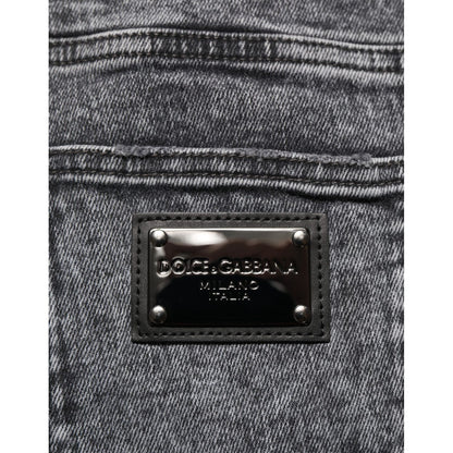 Dolce & Gabbana Gray Cotton Slim Fit Denim Trouser Jeans with logo patch detail.