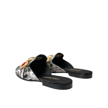 Dolce & Gabbana Gray Jacquard Crystal Mule Flat Sandals Shoes