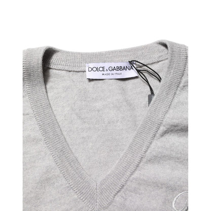 Dolce & Gabbana Gray Wool Knit Logo V-Neck Pullover Sweater