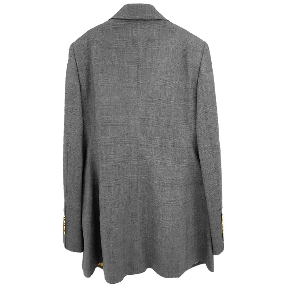 Dolce & Gabbana Gray Wool Suits & Blazer with Prince of Wales pattern, single button closure, and leopard print lining, rear view.