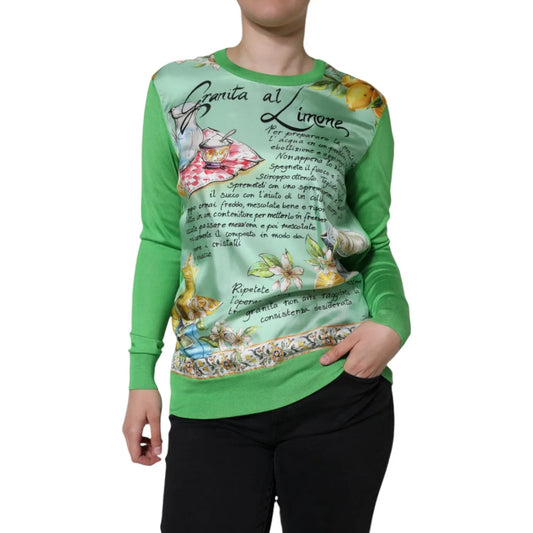 Dolce & Gabbana Green Lemon Print Pullover Silk Women Sweater