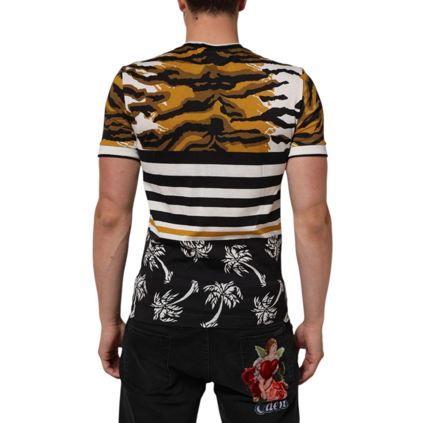 Dolce & Gabbana Multicolor Leopard Palm Leaf Men Crew Neck T-shirt